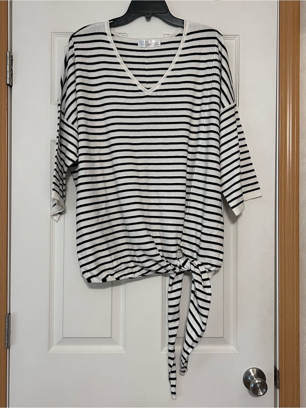 Striped V-Neck Tie-Hem Tunic Sweater Knit Top - White/Black